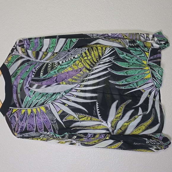Just Cavalli Black Blouse with Green and Purple Tropical Print Front Tie Size 40 - Picture 9 of 10